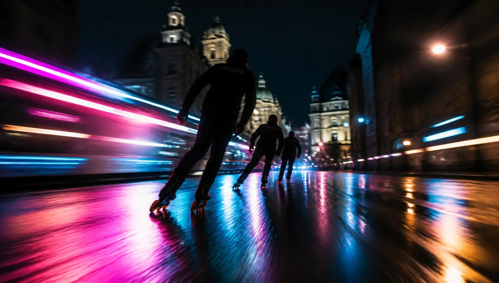 Inline bruslaři projíždějí noční Prahou mezi neonovými světelnými stopami
